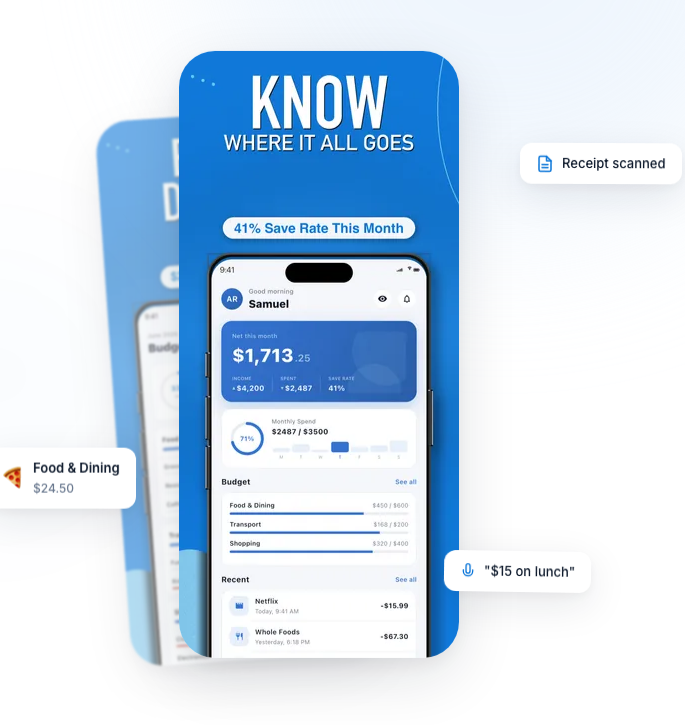 Spendington app screens showing a monthly spending summary, budget categories and recent transactions
